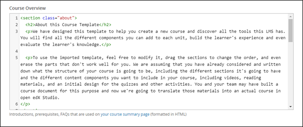 Screenshot of Course overview container with html and text.