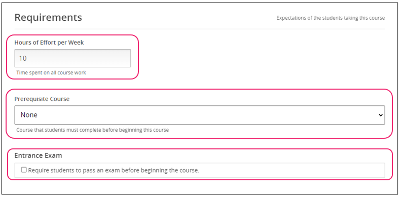 Screenshot of course requirements field.