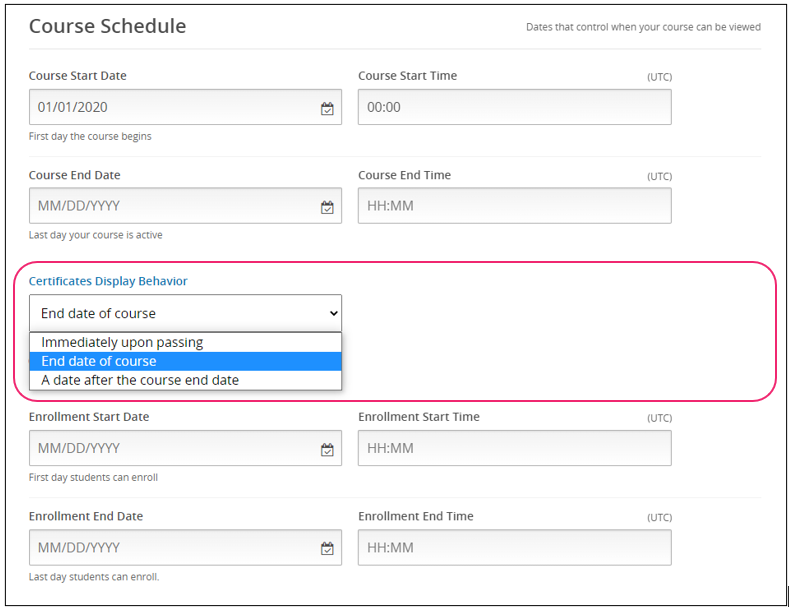 Set course certificate display behavior.