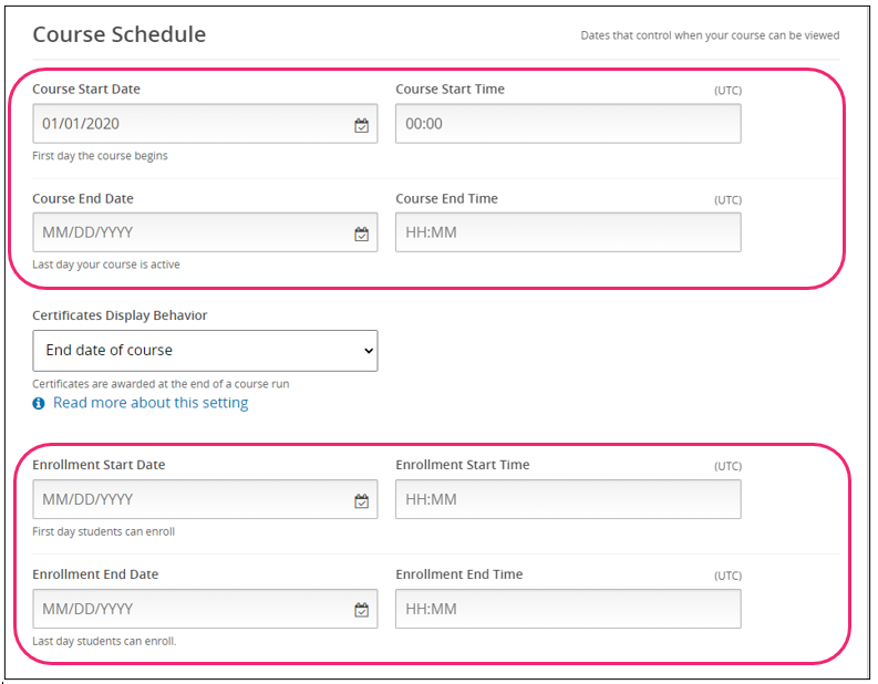 Set course start date and start time and the enrollment start date and time